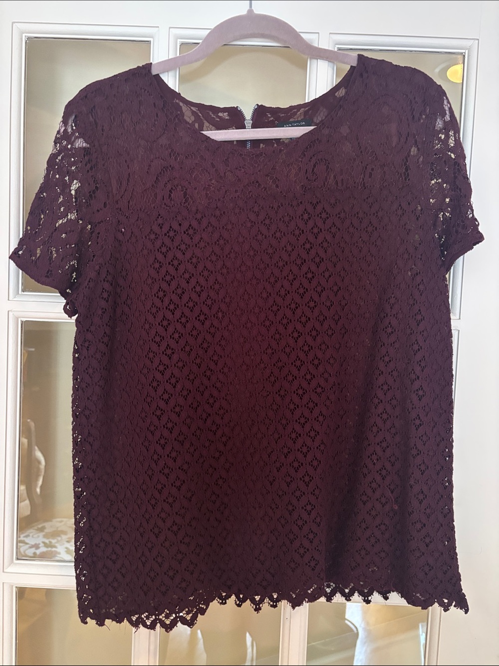 Ann Taylor Burgundy Lace Short Sleeve Top